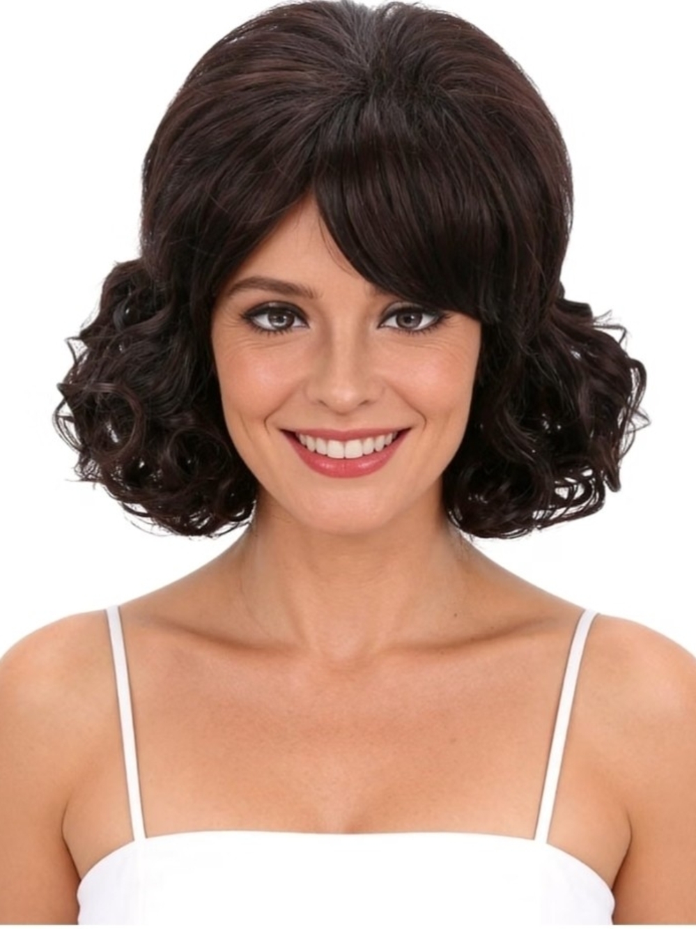 Womens Brown Flip Curly Bob Synthetic Hair Wig With Bangs